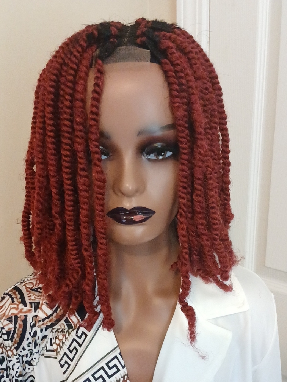 Handmade Burgundy Twisted Bob Wig - Women Hair